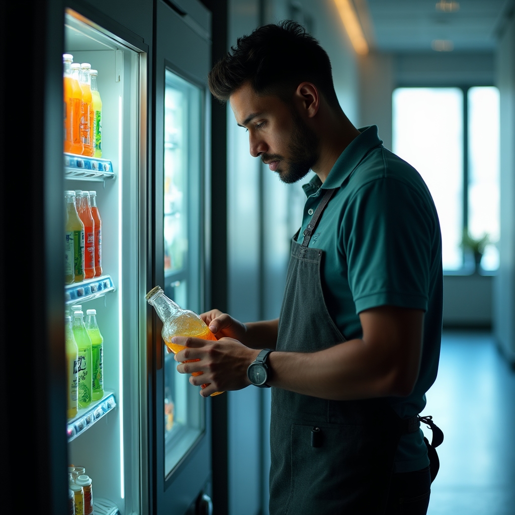 Operador reponiendo productos en una máquina expendedora saludable