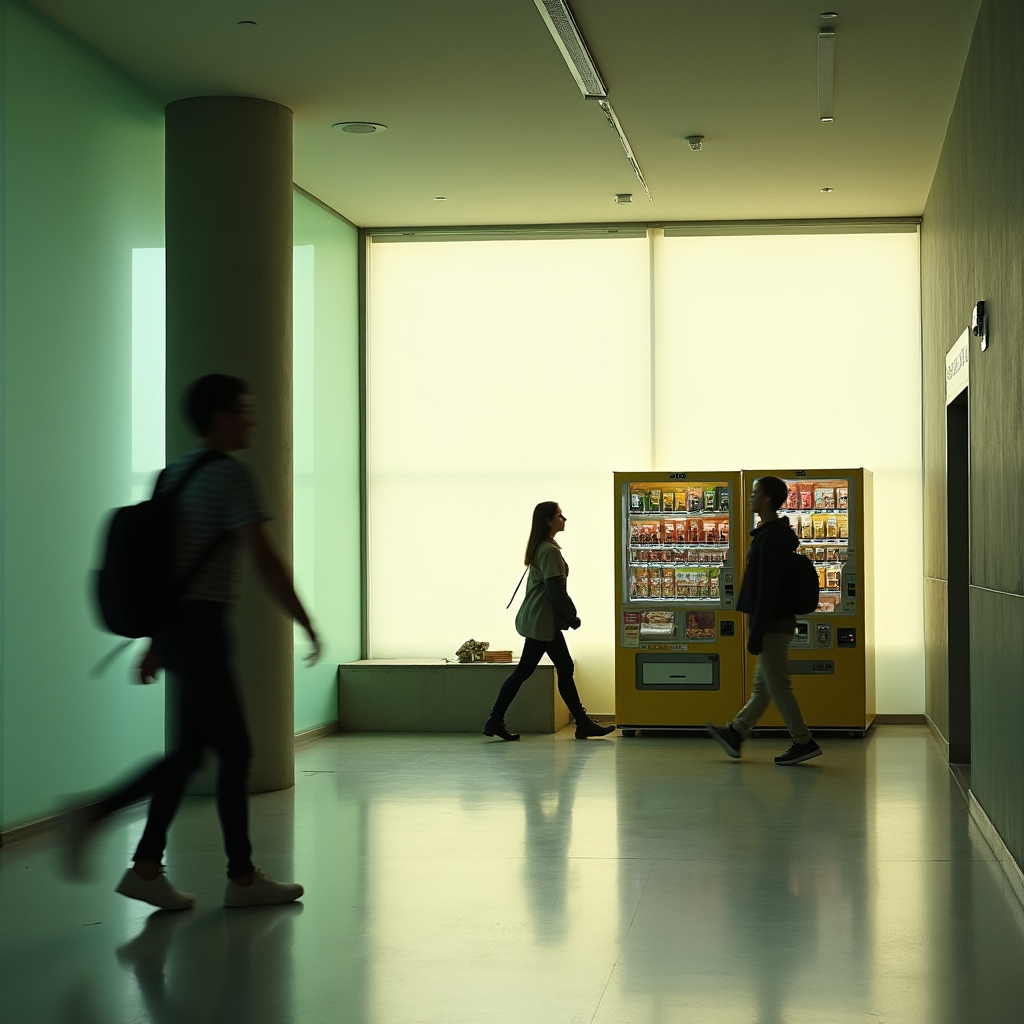Rincón de vending saludable en un pasillo universitario